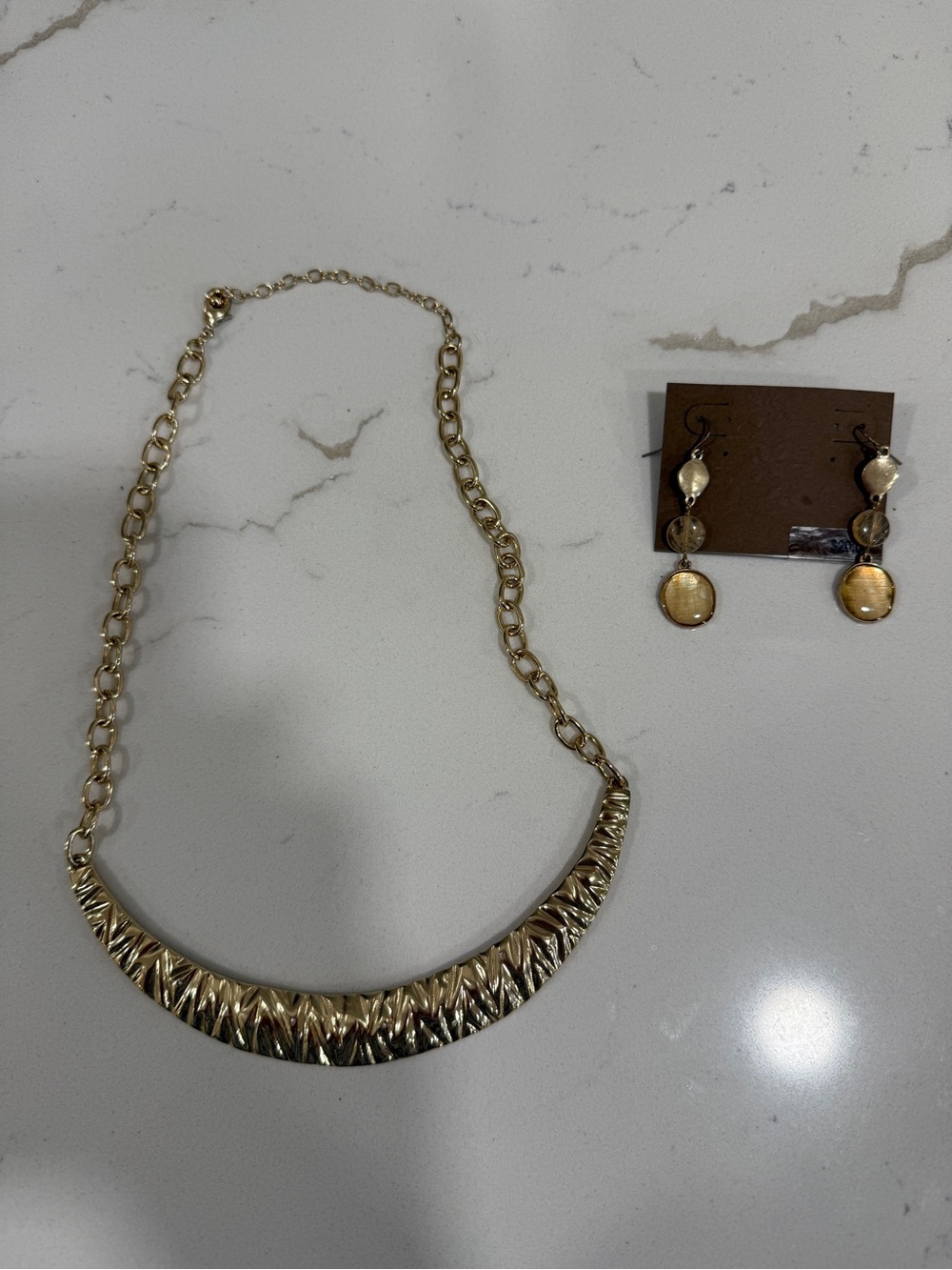 New Gold-Tone Textured Crescent Necklace and Gold Tone Drop Earrings